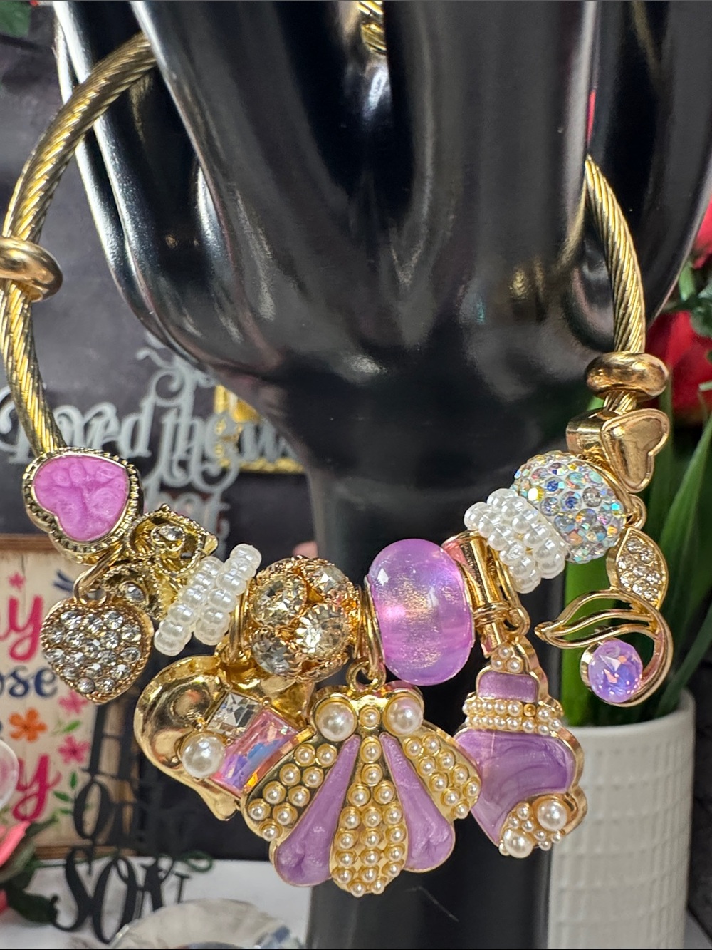 Gold-Tone Purple Charm Bracelet with Pearls and Crystals